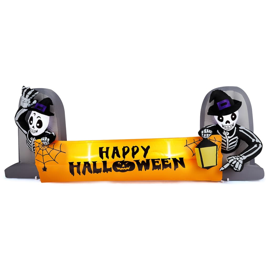 Outdoor Halloween Inflatable Banner 9.6 ft with Glowing LED Skeletons Tombstone Decoration