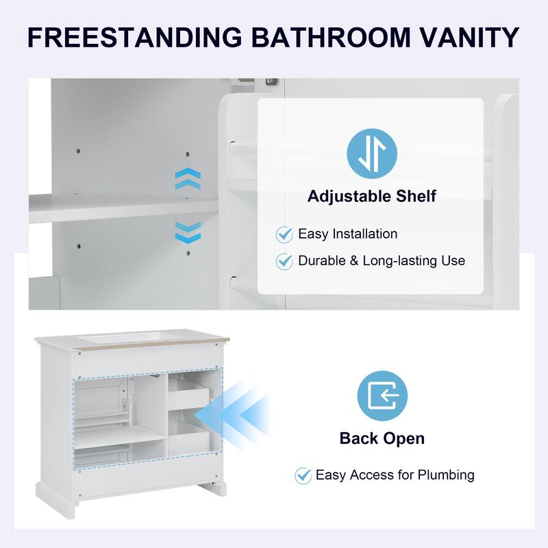 36" Bathroom Vanity with Ceramic Sink Top, 4 Drawers, 1 Soft-Close Door, Freestanding Storage Cabinet, 8" Faucet Ready