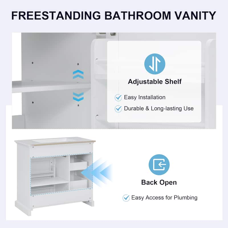 GDFStudio - Avalon 36-Inch Bathroom Vanity with Ceramic Sink Top, Freestanding Storage Cabinet, Pre-Drilled for 8-Inch Faucet