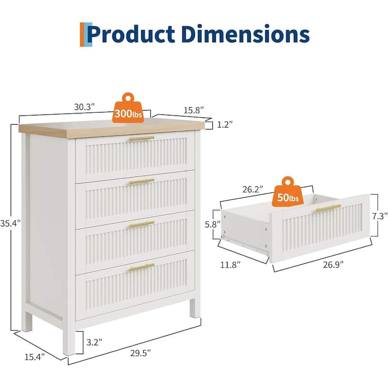 Modern Fluted Dresser with 4 Storage Drawers, Organizer Cabinet for Living Room, Bedroom