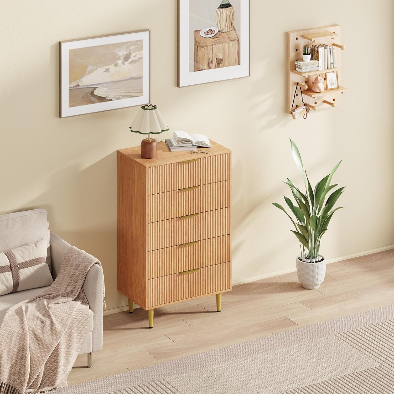 Modern Natural Wood Color Fluted Dresser, Wooden Chest with Gold Metal Handles & Legs
