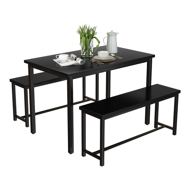 Industrial 3-Piece Dining Table Set, Retro Wood Kitchen Table Set with 2 Benches for Home Kitchen, Dining Room, Restaurant