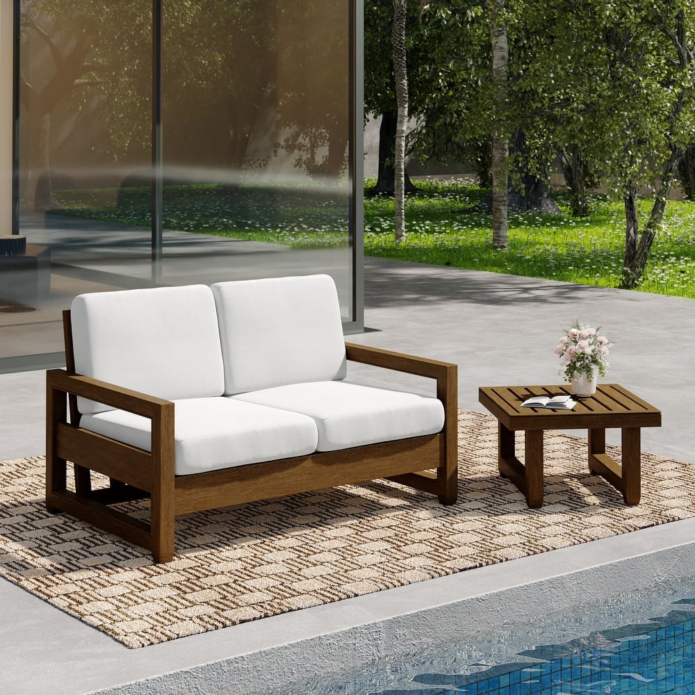 Teak Wood Cushioned Outdoor Patio Loveseat Set with Side Table