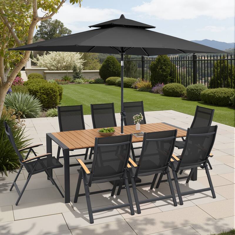 9/11-Piece Outdoor Patio Dining Set Aluminum Dining Table and Chairs w/10 ft Market Umbrella and Base - Set of 11 - Brown Table with Black Umbrella