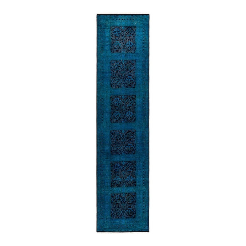 Overton Hand Knotted Wool Vintage Inspired Modern Contemporary Overdyed Blue Area Rug - 3' 0" x 13' 0"