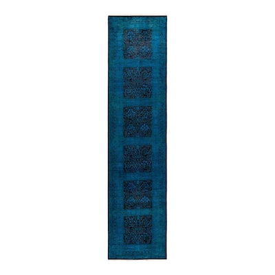Overton Hand Knotted Wool Vintage Inspired Modern Contemporary Overdyed Blue Area Rug - 3' 0" x 13' 0"