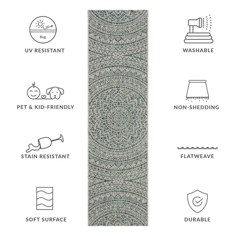 SAFAVIEH Courtyard Deepa Mandala Indoor /Outdoor Waterproof Patio Backyard Rug - 2'3" x 8' Runner - Light Grey/Teal