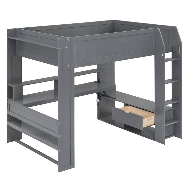 Dark Gray Full Size Solid Wood MDF Gaming Loft Bed with Desk, Multi-storage Shelves, LED and Charging Station