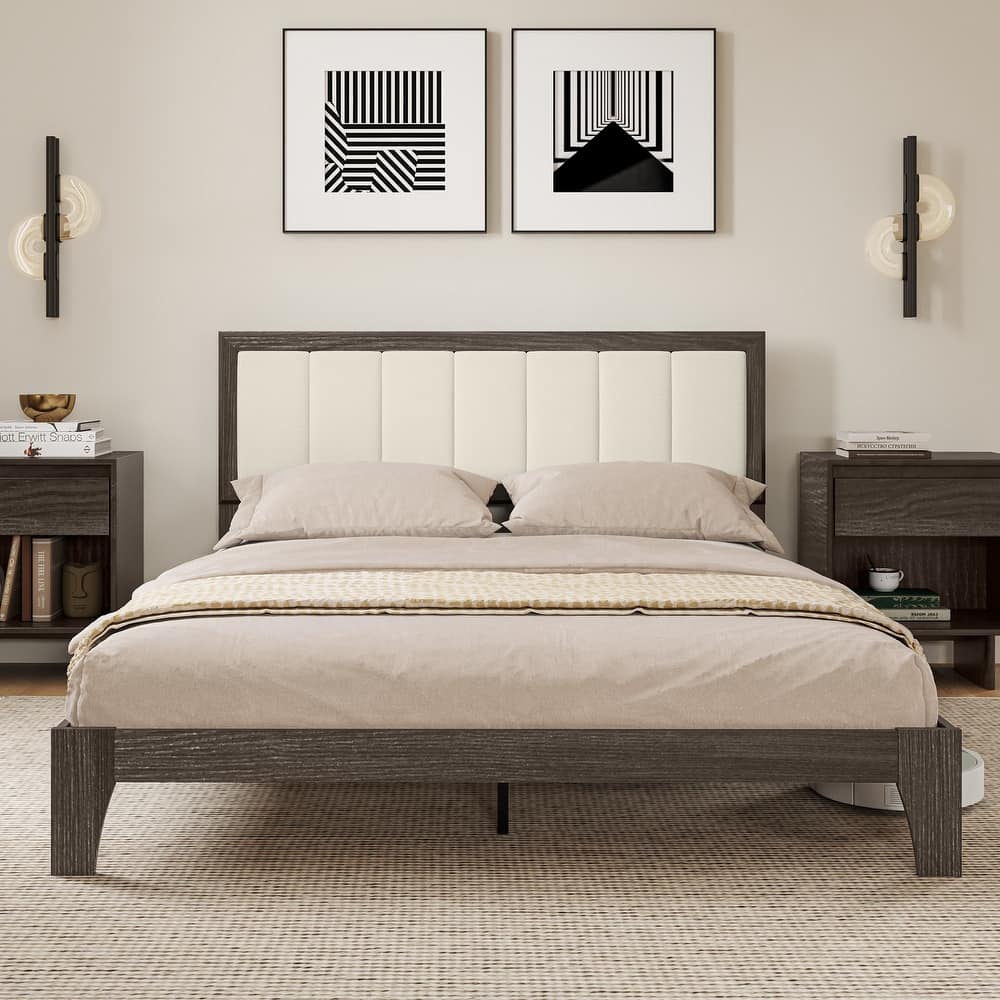 HOMCOM Queen Size Bed Frame with Upholstered Headboard, Platform Bed Frame with Wooden Slats, No Box Spring Needed