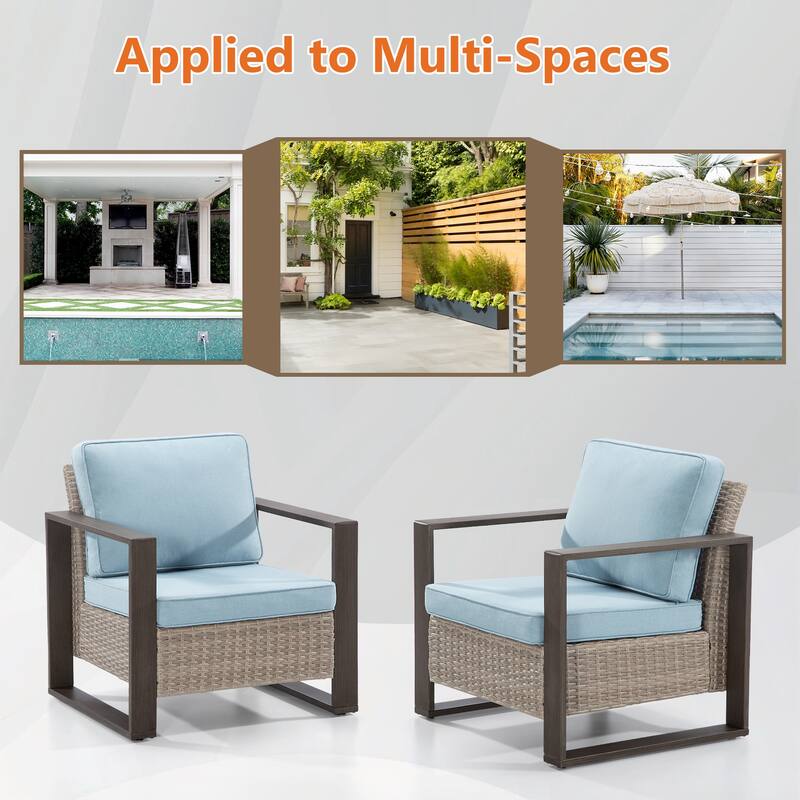 Cozywor 2-Piece Patio Wicker Outdoor Lounge Chair with Metal Frame and Cushions