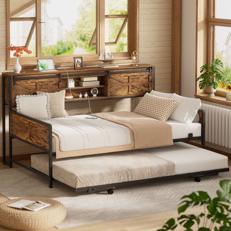 Farmhouse Twin Daybed with Pop-up Trundle Bed and Charging Station，Sofa Bed Frame with Bookcase Headboard with 2 Sliding Doors
