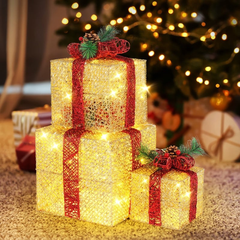 3pcs LED Golden Gift Box Decoration - Gold