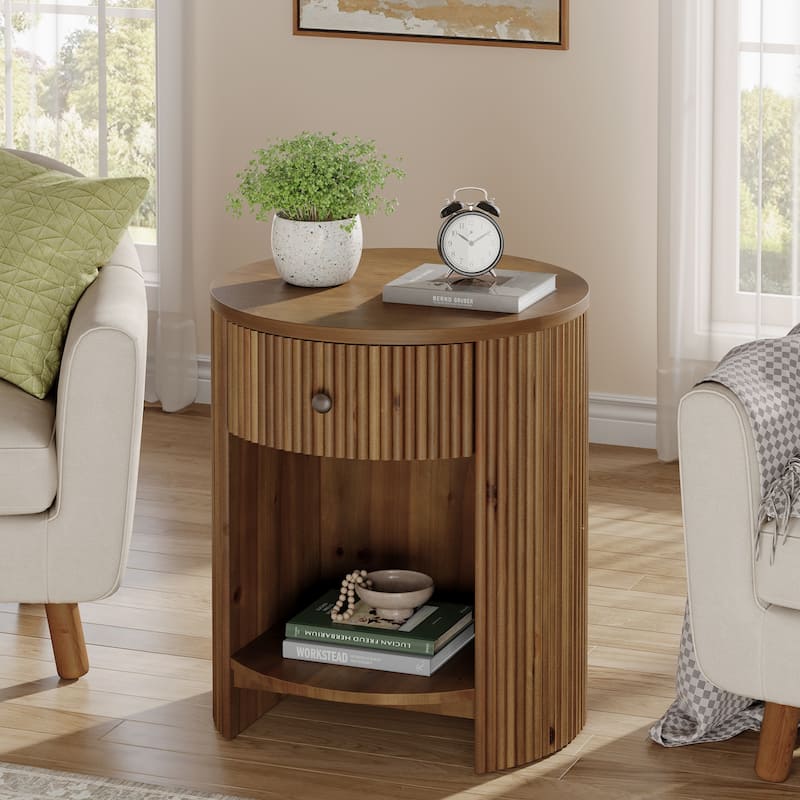 2-Tier Round End Table with Drawer, No Assembly Required, Wooden Beside Table, Circle Nightstand for Bedroom, Living Room - 1-Piece