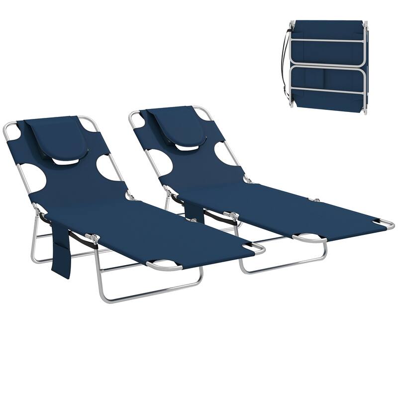 Outsunny Chaise Lounge Chair Outdoor Set of 2 with Face Arm Hole, 5-Position Reclining Face Down Tanning Chair with Carry Strap