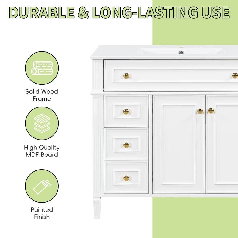 36" Freestanding Bathroom Vanity with Sink, Solid Wood Frame, 3 Drawers & 2 Soft-Close Doors, Gold Handles