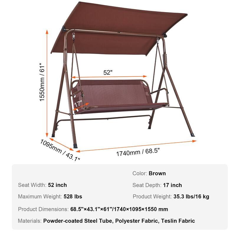 Outdoor Swing Chair for 3 Adjustable Canopy, Alloy Steel Frame, Brown - 68.5"×43.1"×61"