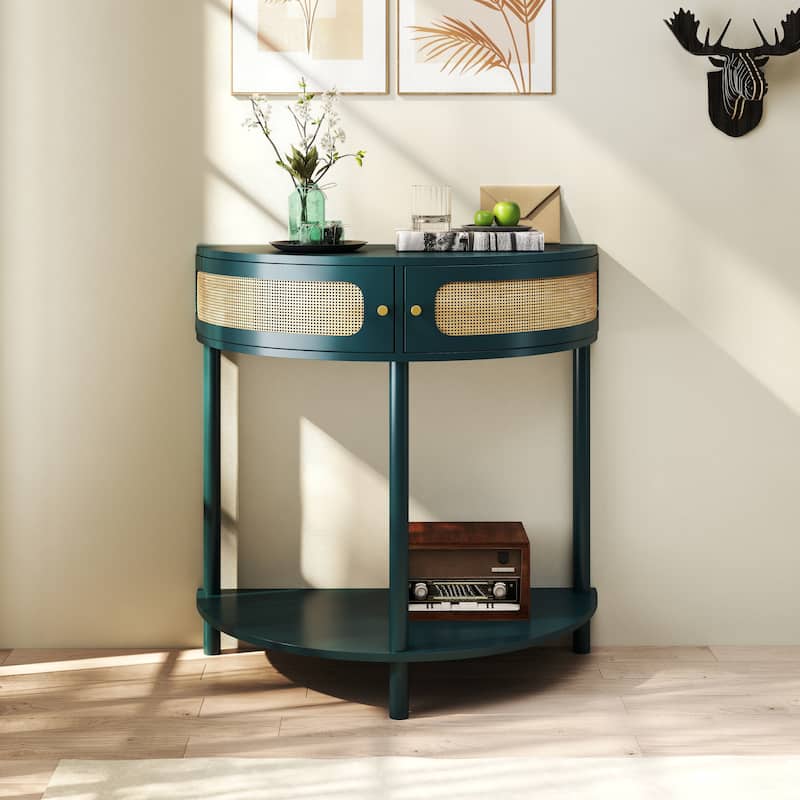 Boho Rattan Semi Circle End Table with Sliding Rattan Door,Elegant Entryway Console with Storage and Bottom Shelf