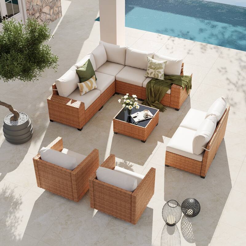 Outdoor Conversation Set L-Shaped Corner Sectional Sofa 10-Piece with Swivel Chair and Coffee Table PE Wicker Rattan