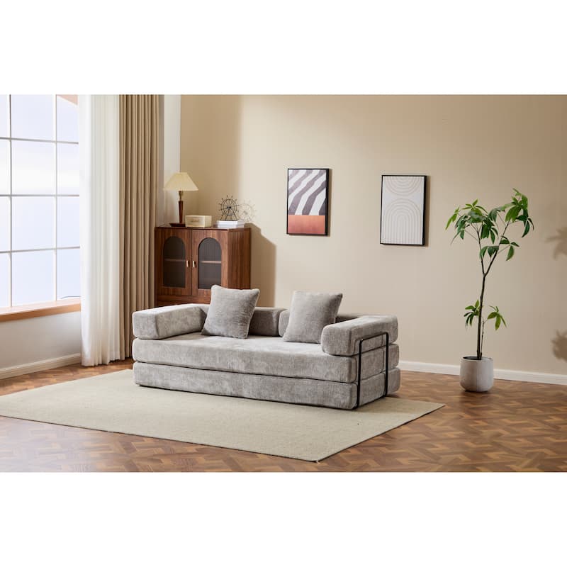 Light Gray Lounge Sleeper Bed Floor Sofa Bed with Foldable Armrests, Loveseat Sofa Sleeper Sofa Accent Couch Settee