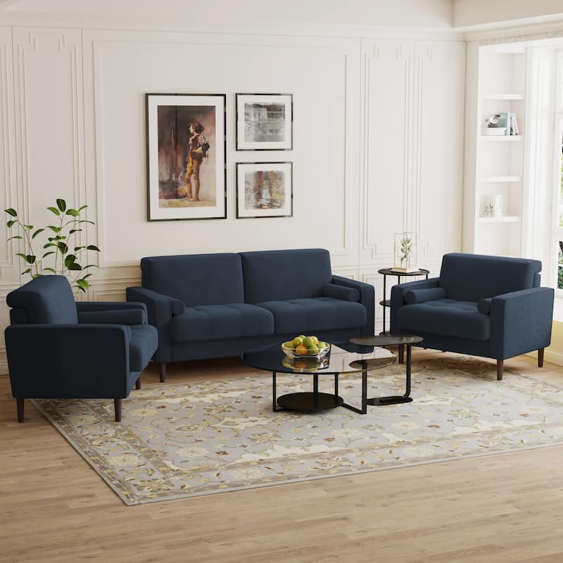 3-Piece Corduroy Tufted Club Armchair and Loveseat Set for Living Room - Navy Blue