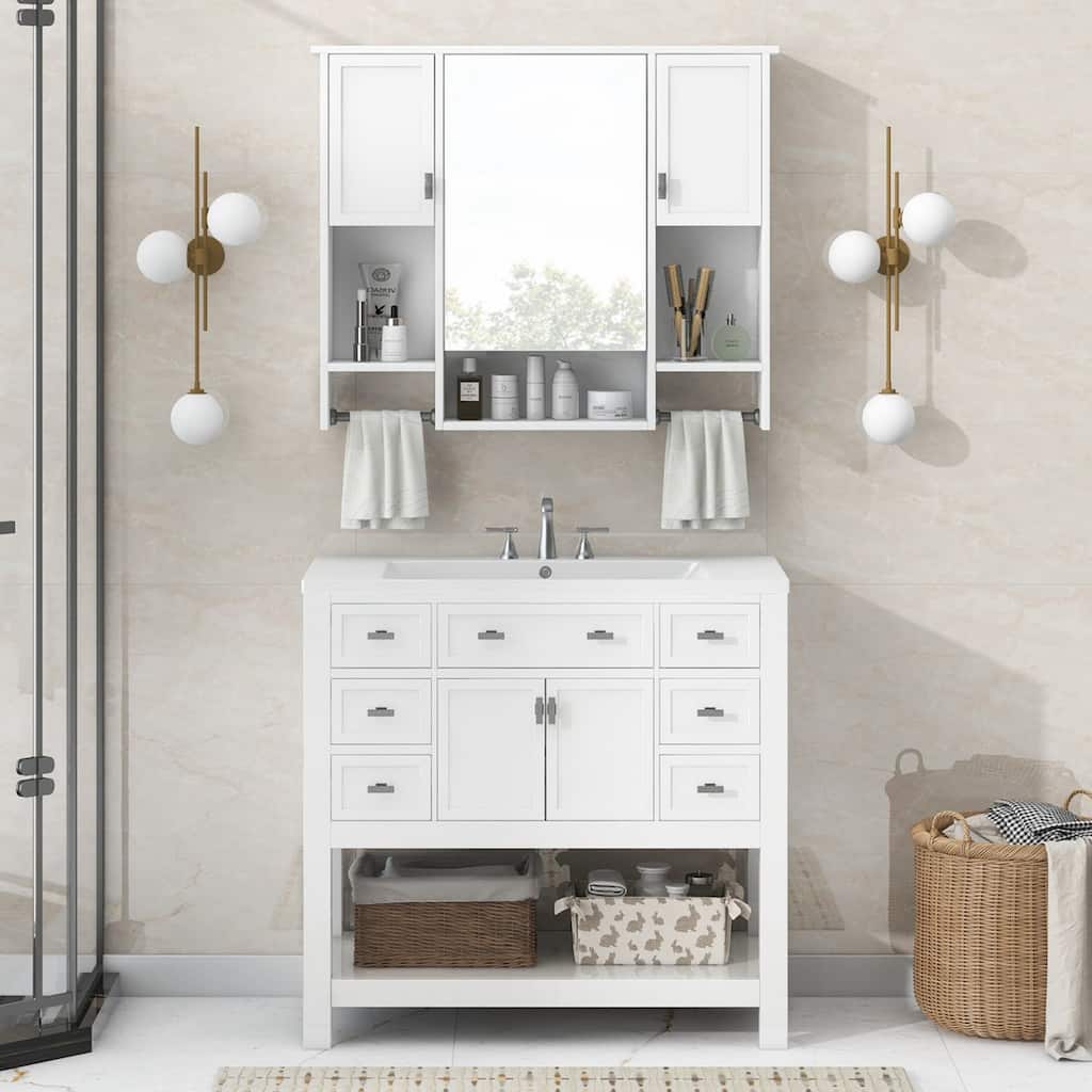 36"Freestanding Bathroom Vanity with Ceramic Sink and Mirror Cabinet