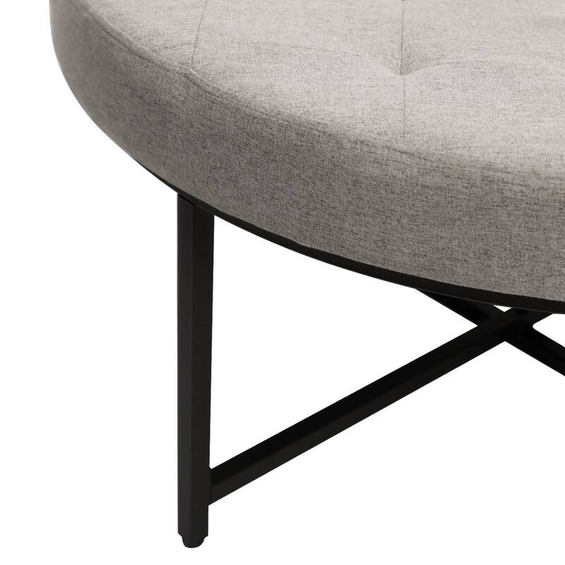 Round Cotton Linen Tufted Ottoman with Metal Frame