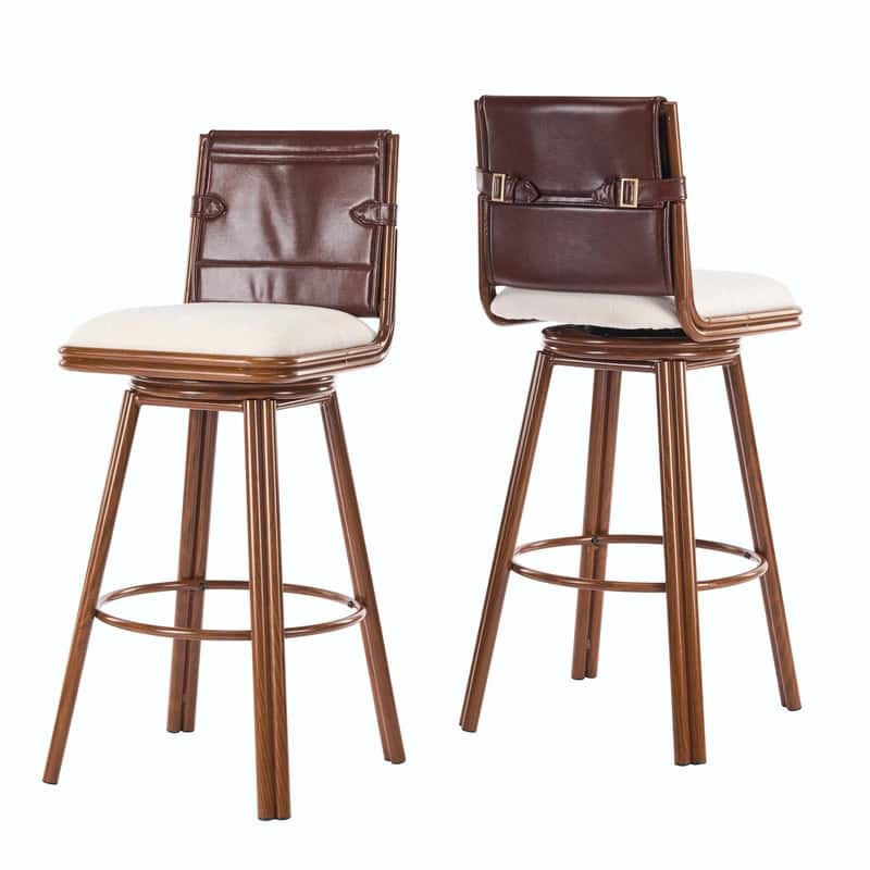 Sibyl Upholstered Swivel Bar Stool Set of 2, Walnut Metal Frame, Beige