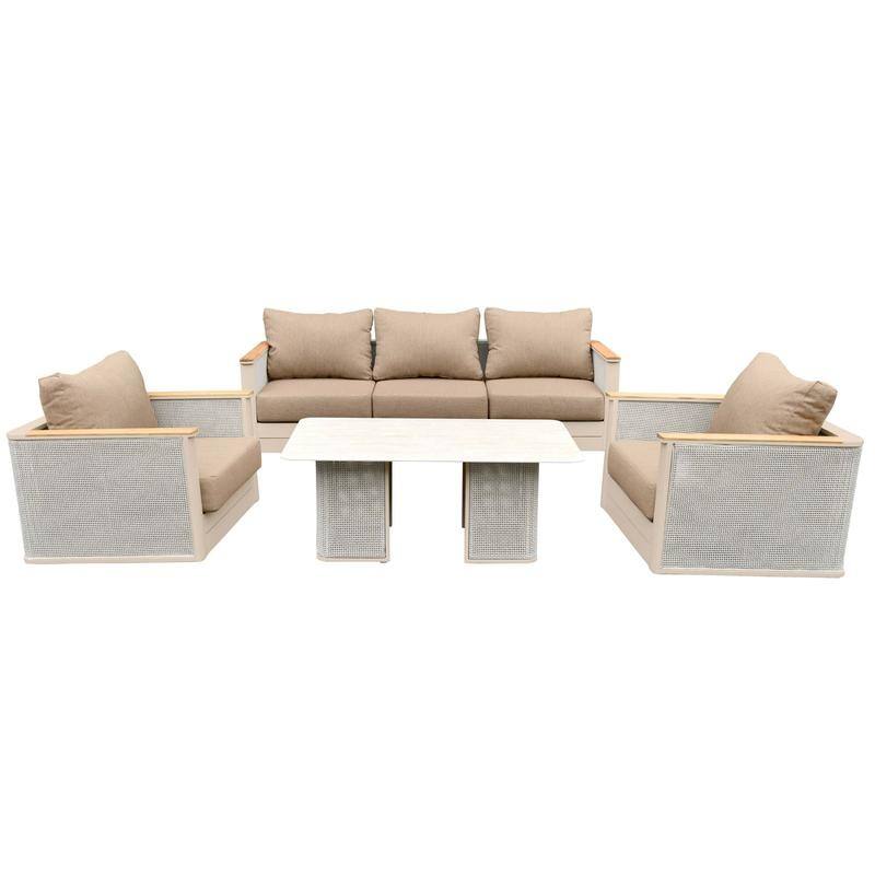 Arvin 4-Piece Outdoor Patio Conversation Set in Aluminum with Olefin Fabric Cushions Sintered Stone Rectangular Coffee Table - Taupe