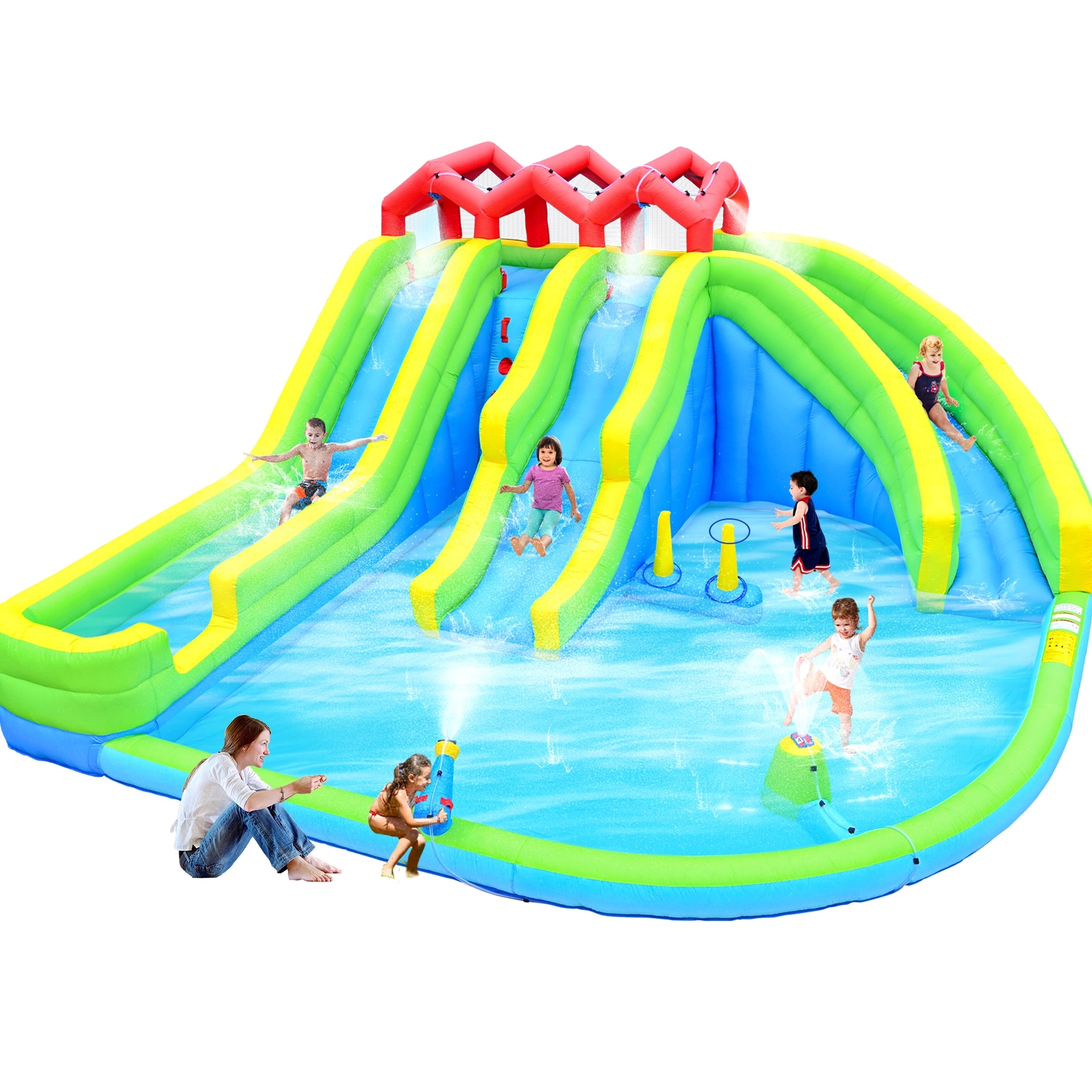 7 in 1 Inflatable Water Park Three Slide with Blower Water Gun Sprinkler Fountain Climbing Wall for Children