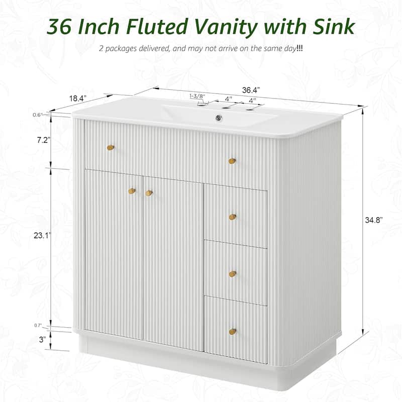 36" Modern Fluted Bathroom Vanity with Sink, Washstand for Kitchen