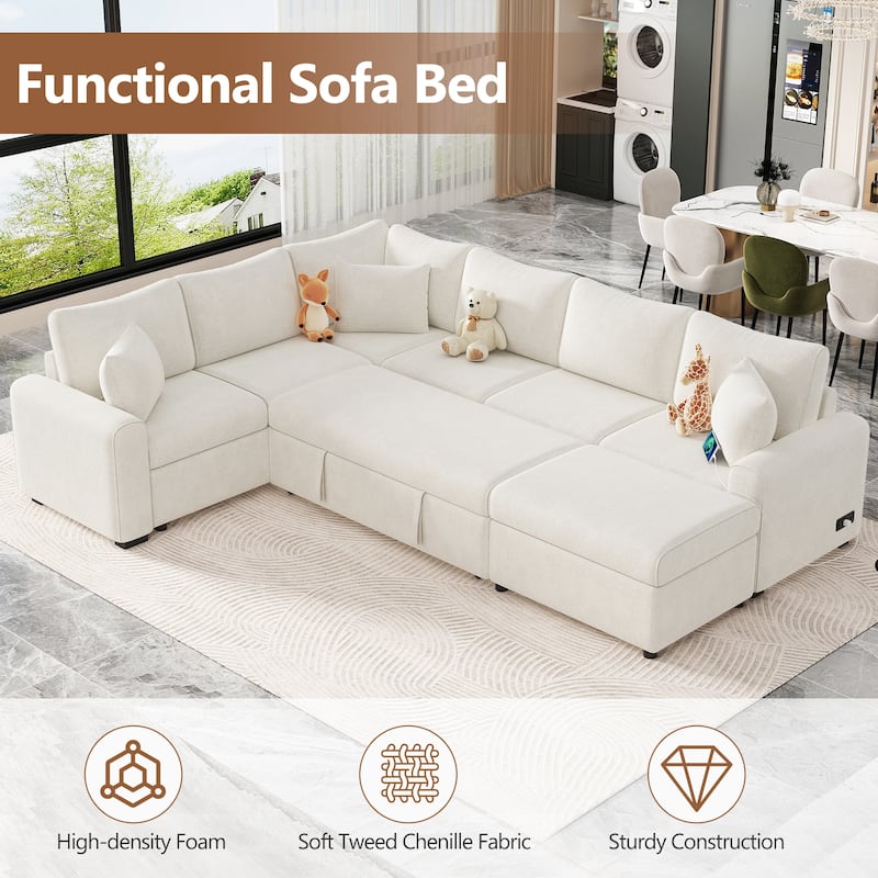 112.2" Chenille Sectional Sleeper Sofa 6-Seat Pull-Out Bed with Storage Ottoman and Charging Ports
