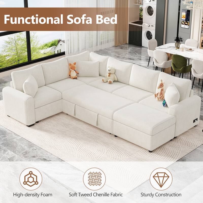112.2" Chenille Sectional Sleeper Sofa with Storage & USB