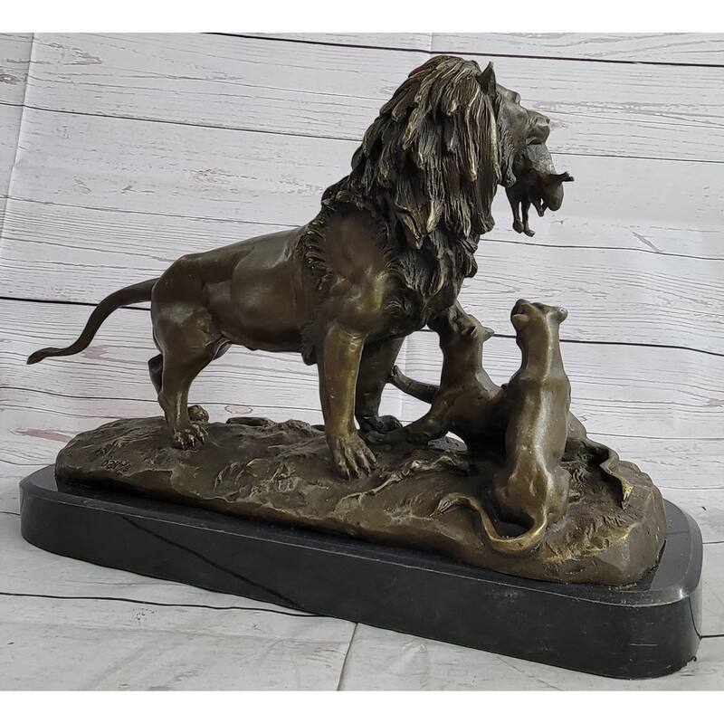 Signed Barye Male Lion With Cubs Bronze Figurine Sculpture Statue Animal Art