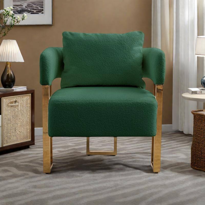 Teddy Fleece Modern Accent Chair with Gold Metal Legs and High-Rebound Cushion - Green
