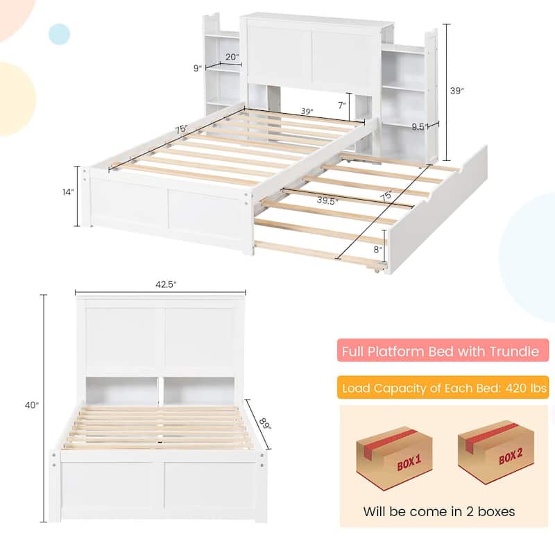 Gymax Full/Twin Wooden Platform Bed with Trundle Storage Headboard