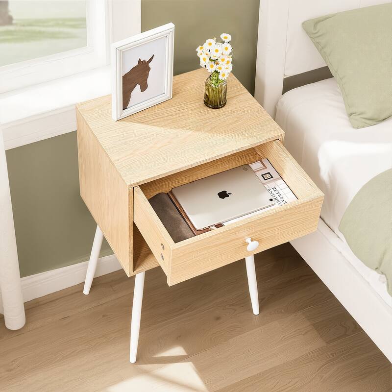 VECELO Nightstand Set of 2 Mid Century 1-Drawer Nightstand with Enclosed Open Shelf Multi-Color Options for Bedroom Living room