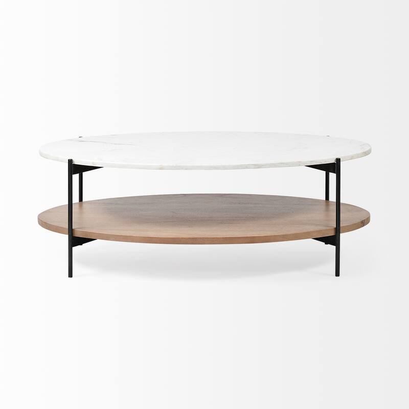 Larkin II Medium Brown Solid Wood and White Marble w/ Black Iron Frame Nesting End / Side Tables (Set of 2)