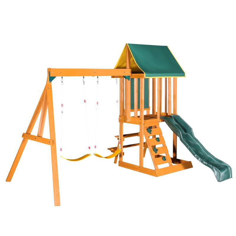 Outdoor 3 in 1 Wood Swing Set with Slide, 2 Swings and Climber