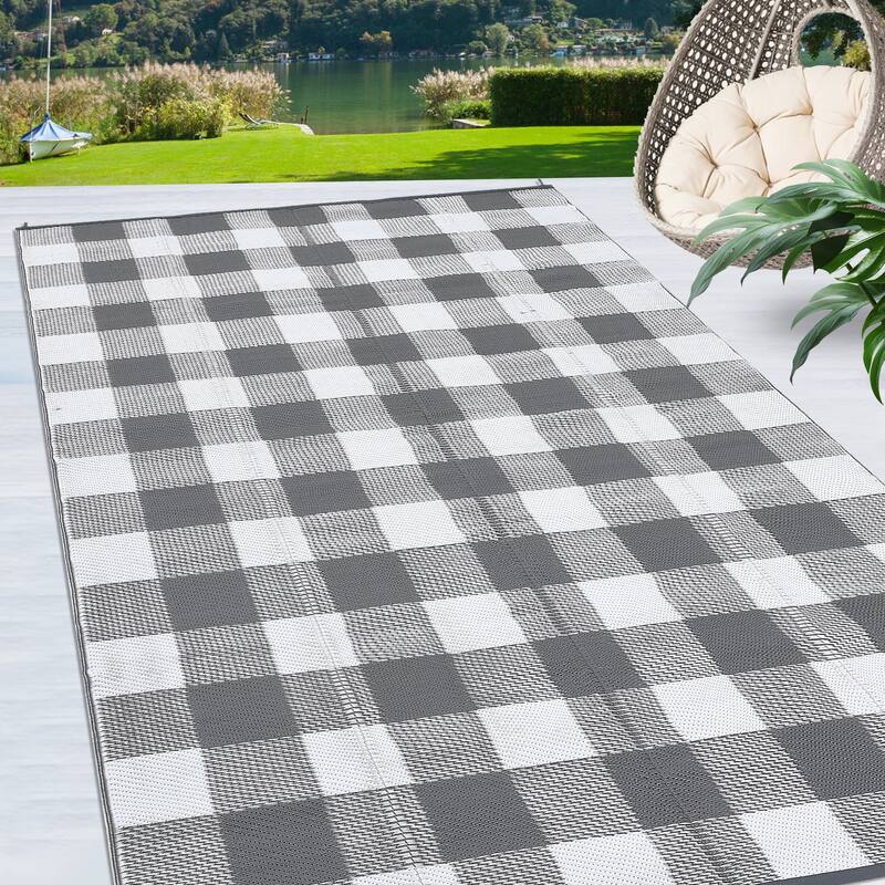 Outdoor Rug Waterproof Reversible Rug Indoor Outdoor Plaid Area Rug Plastic Straw Rug for Camping RV Backyard Patio