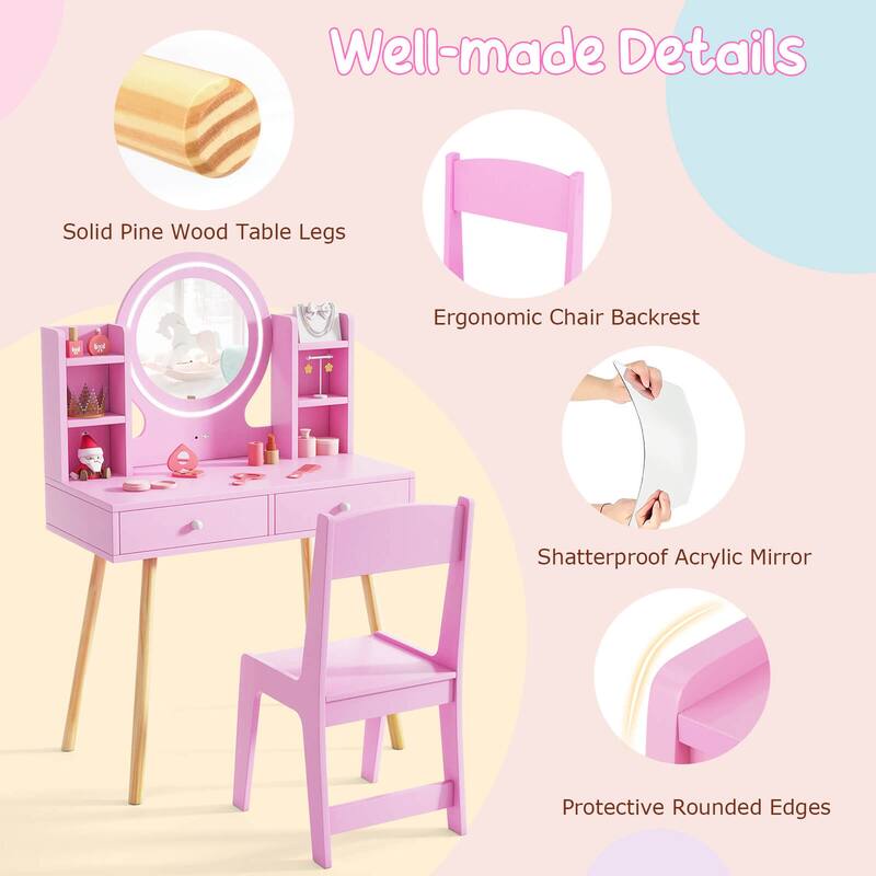 Costway Kids Vanity Set Princess Vanity Desk Set with 2-Color LED - See Details