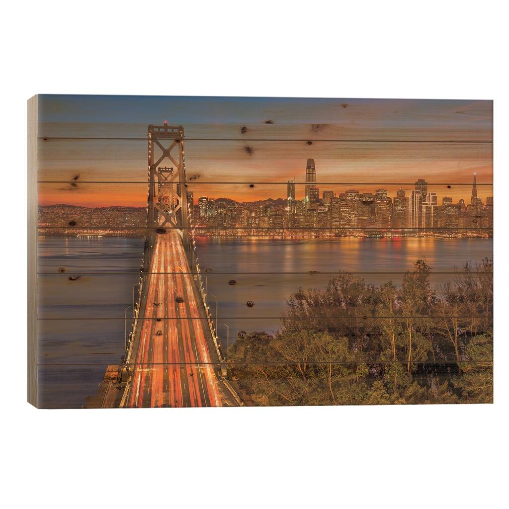 Bay Bridge And Evening Commute Print On Wood by John Gavrilis - Multi-Color