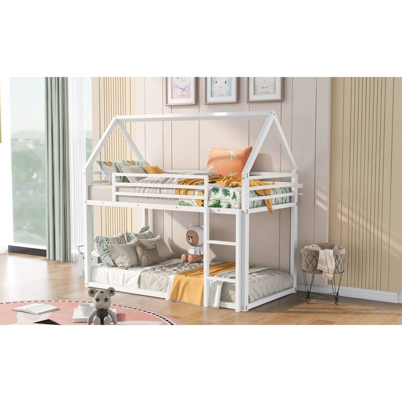 Twin over Twin House Bunk Bed with Built-in Ladder, White