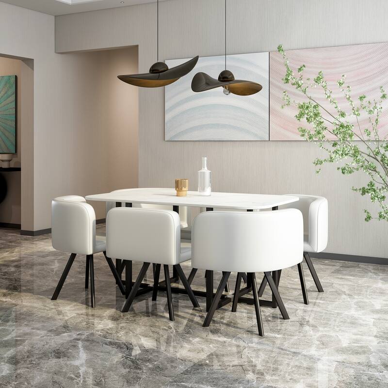 7 Pieces Artificial Marble Rectangle Dining Table Set with 6 Faux Leather Dining Chairs Modern Dining Table Chairs Set