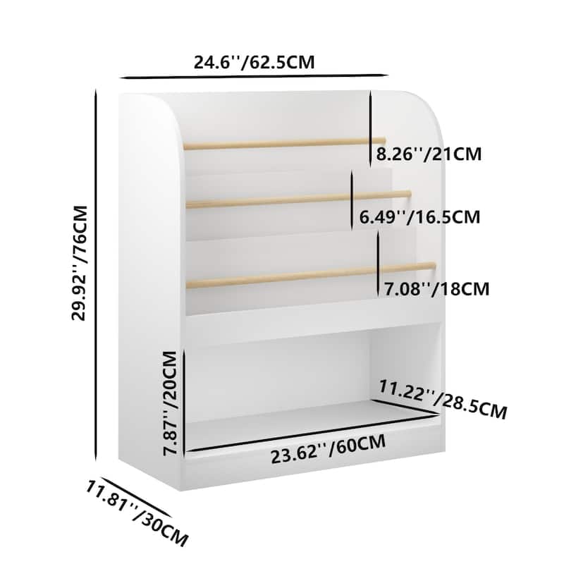 Anmytek 3-Tier Kids Bookcase with Storage Bin, Front-Facing Display for Toddlers, White with Wooden Guardrails