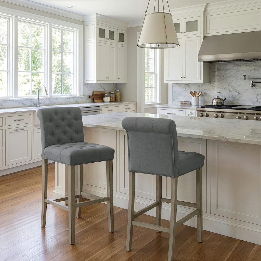 Set of 2 Aleen Grey Fabric Bar Stool with Roll Back and Tufted Buttons