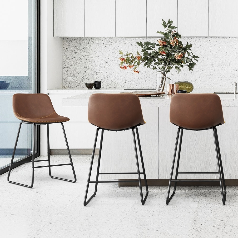 Modern Faux Leather Metal Frame Counter Height Bar Stools (Set of 3)