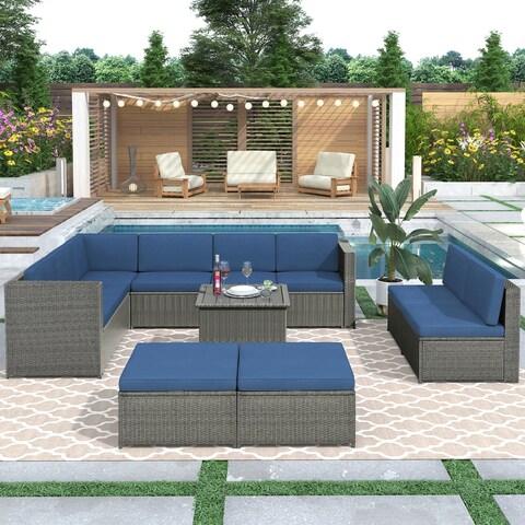 Outdoor 6-Piece Wicker Patio Set with 6-seater Sofa, 2 Ottoman,Coffee Table and 2 Single Chair