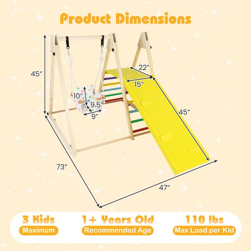 Multicolor Solid Wood Kids 4-in-1 Jungle Gym with Swing, Ramp and Platform - Multi Color - 73" × 47" × 45" (L × W × H)