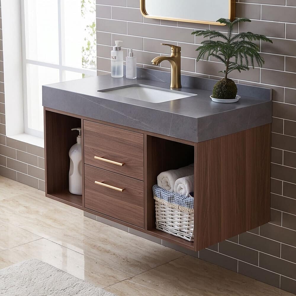 40" Modern Floating Walnut Bathroom Vanity Set
