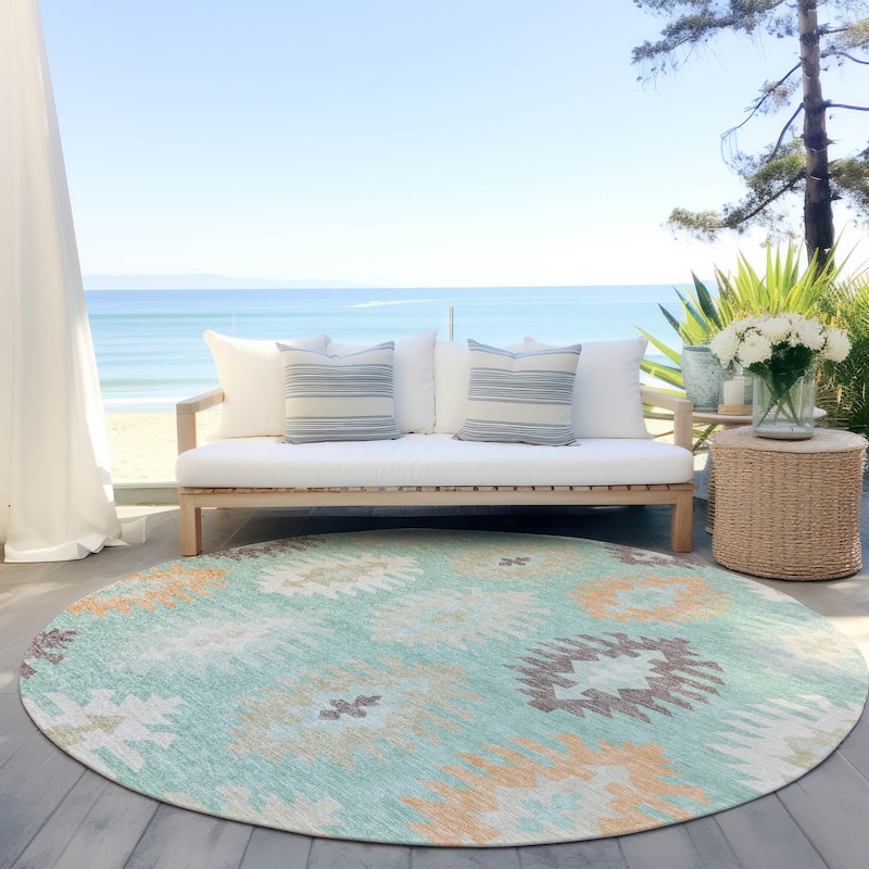 Machine Washable Indoor/ Outdoor Boho Tribal Chantille Rug - Mint - 8' x 8'